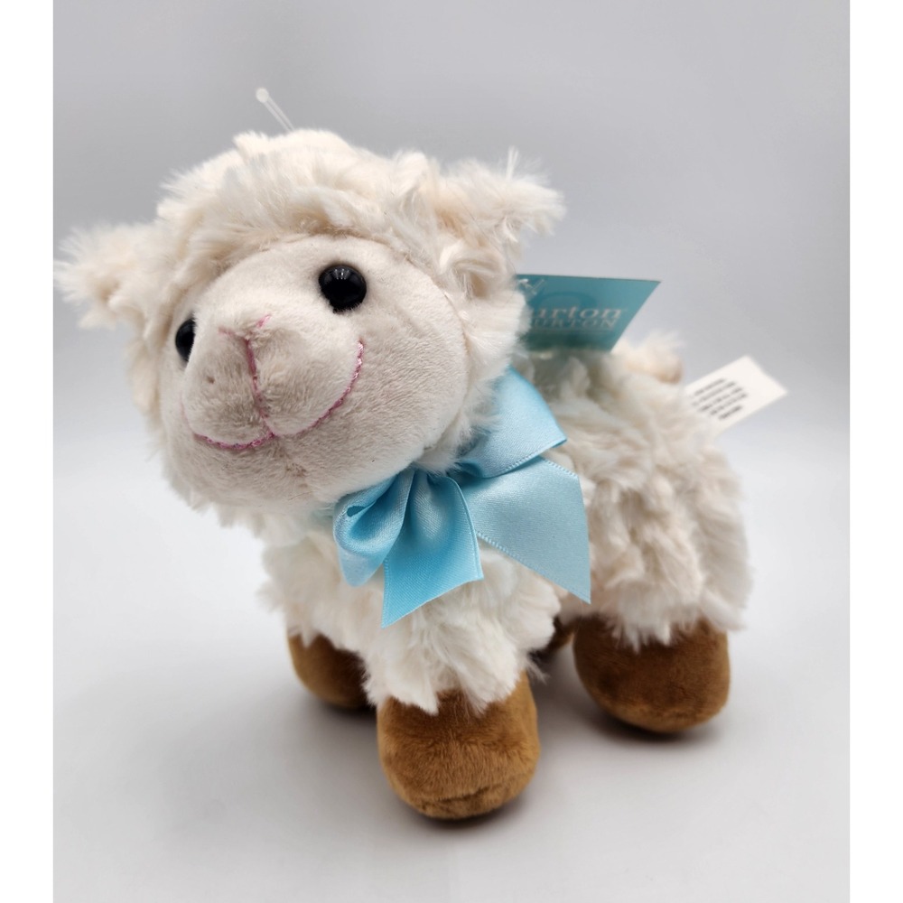 Burton + Burton Plush Lamb Blue Satin‎ Bow Sheep 7"  Tall Cream Brown Feet NWT